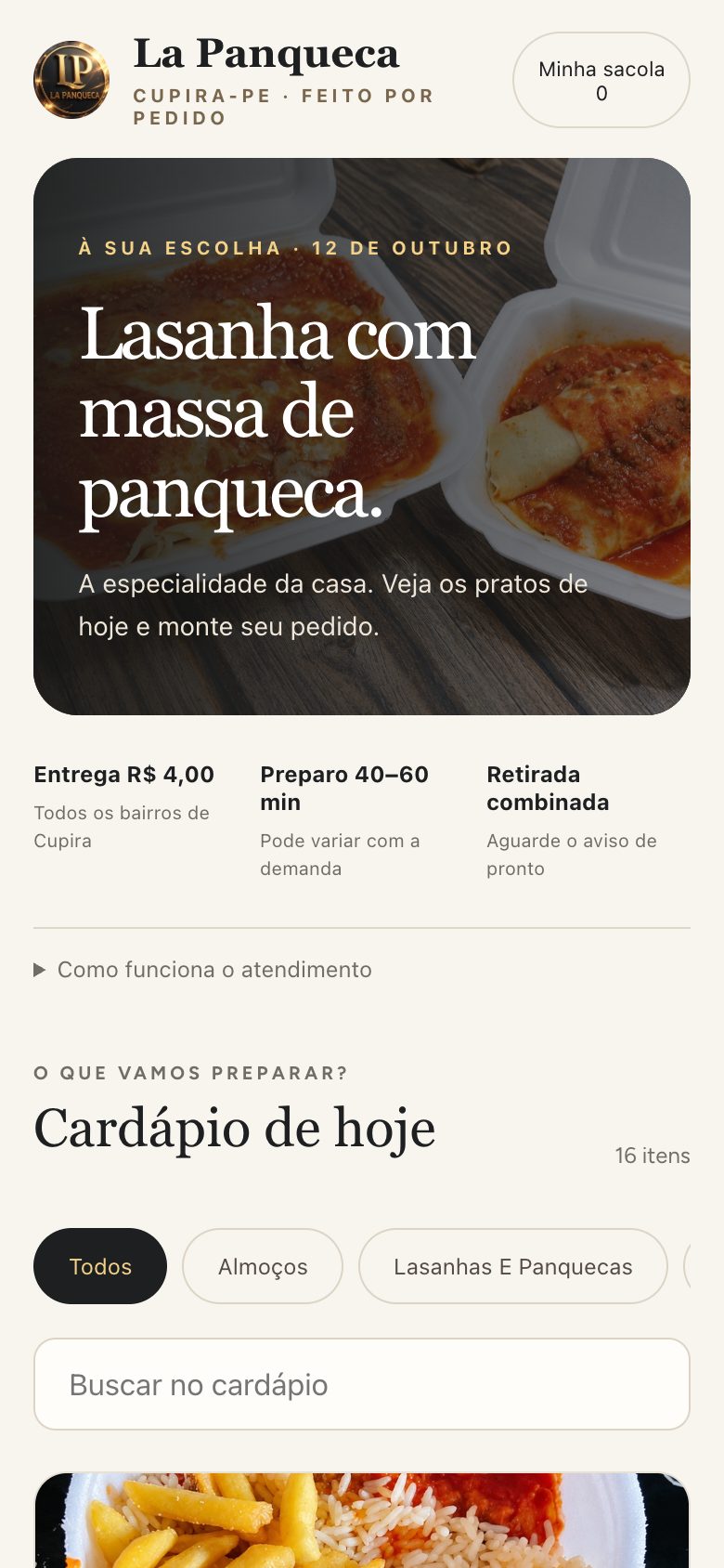 Topo do cardápio online da La Panqueca no celular